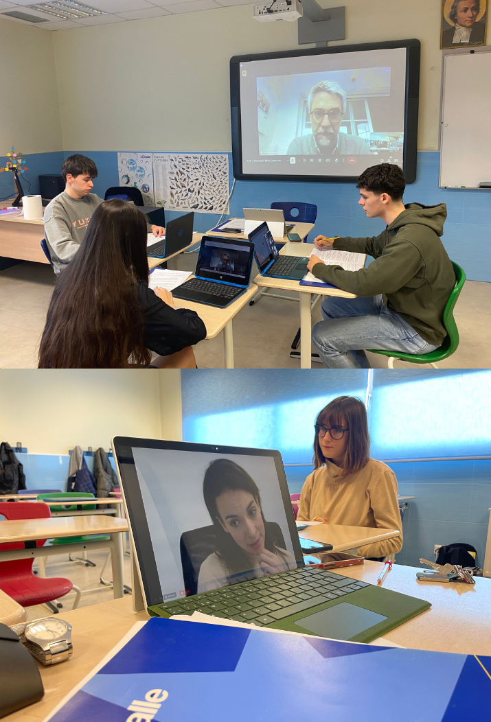 Esther Vaquero y Carlos Franganillo responden a las preguntas de los alumnos del colegio